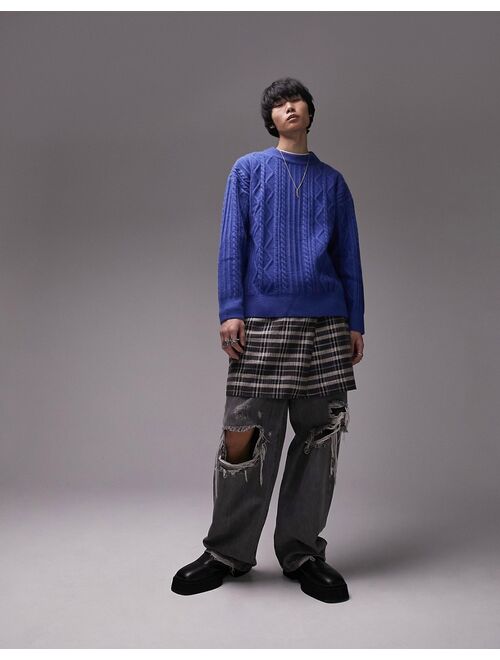 Topman heavyweight cable knit sweater in cobalt blue