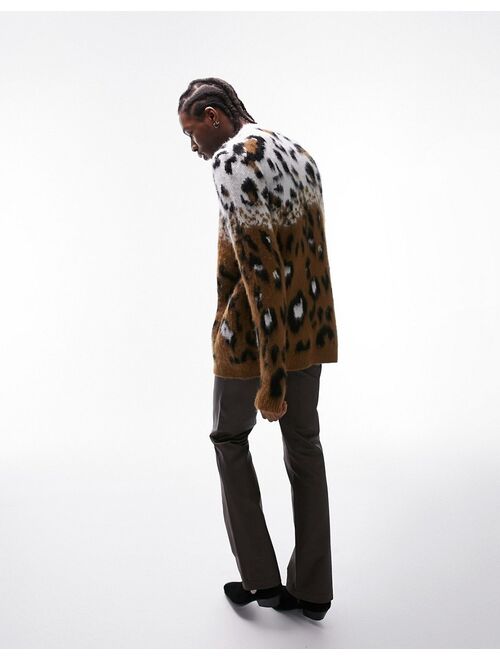 Topman oversized knit sweater with all-over fluffy animal print in multi