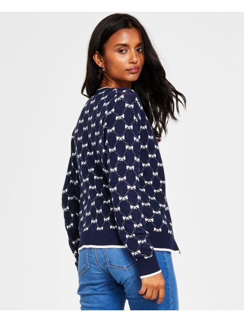 CHARTER CLUB Petite Bow-Print Jacquard Button-Front Cardigan, Created for Macy's