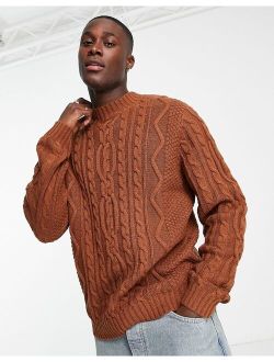 heavyweight cable knit turtle neck sweater in brown