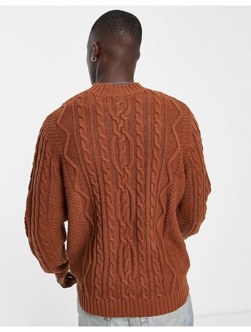 ASOS DESIGN heavyweight cable knit turtle neck sweater in brown
