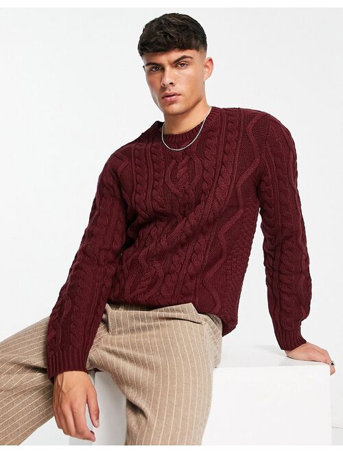 ASOS DESIGN heavyweight cable knit jumper in burgundy