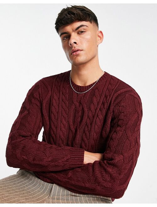 ASOS DESIGN heavyweight cable knit jumper in burgundy