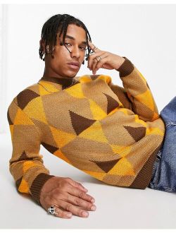 knitted geo print sweater in earthy tones