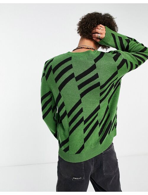 ASOS DESIGN knit geo print sweater in green & black