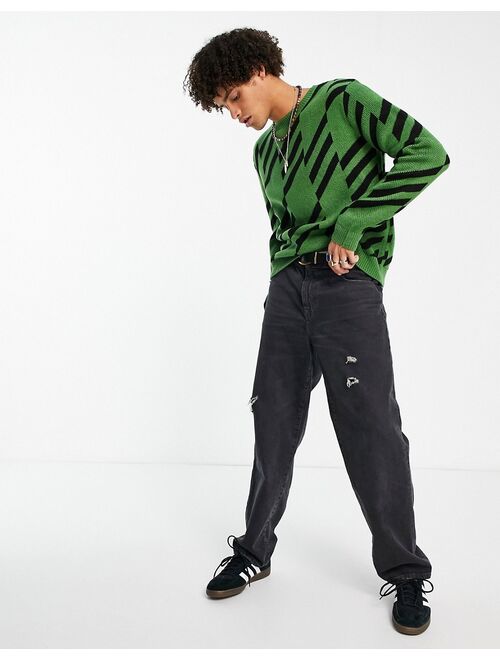 ASOS DESIGN knit geo print sweater in green & black