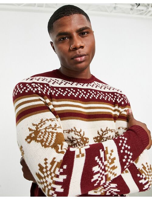ASOS DESIGN knitted christmas sweater with fairisle stag in red