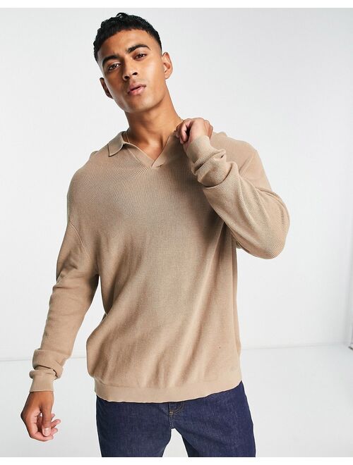 ASOS DESIGN lightweight oversized rib sweater with notch neck in taupe