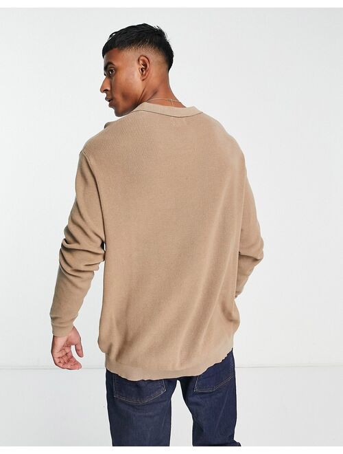 ASOS DESIGN lightweight oversized rib sweater with notch neck in taupe
