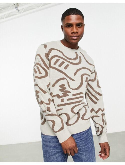 ASOS DESIGN knitted aztec sweater in brown