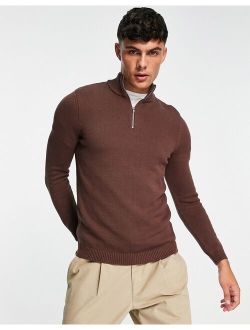 midweight half zip cotton sweater in brown
