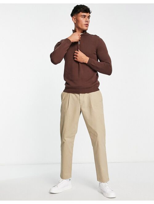 ASOS DESIGN midweight half zip cotton sweater in brown