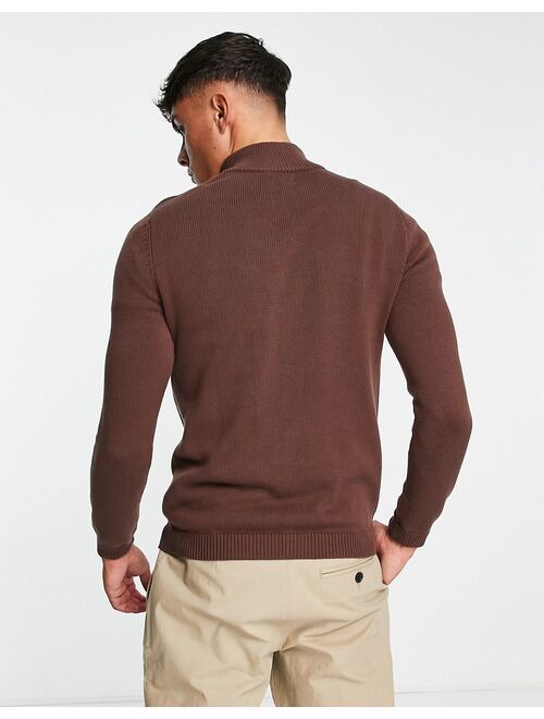 ASOS DESIGN midweight half zip cotton sweater in brown
