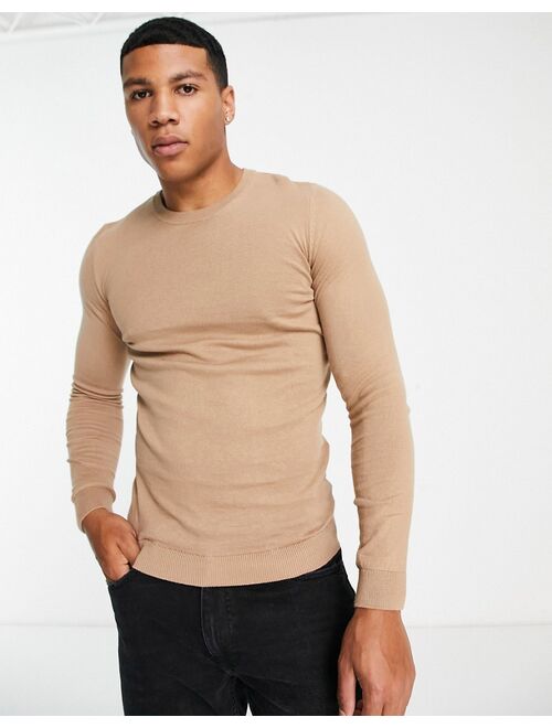 New Look muscle fit knit sweater in camel