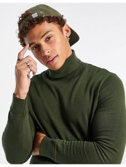 essential knitted roll neck sweater in khaki