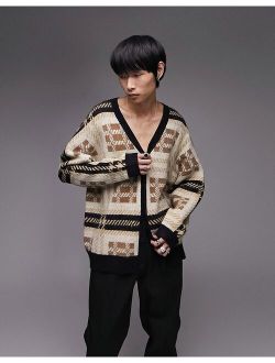 knit fluffy check cardigan in brown