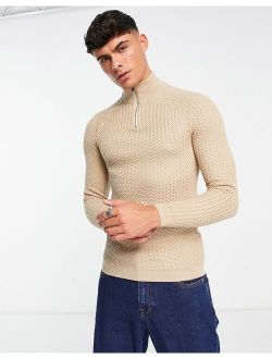 muscle fit textured knit half zip sweater in oatmeal