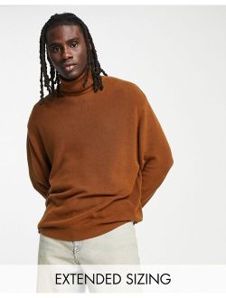 lightweight oversized rib roll neck sweater in brown