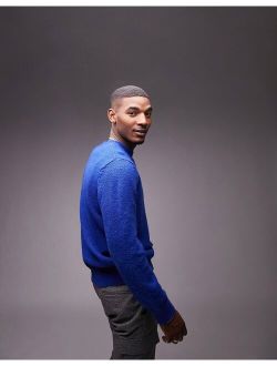 brushed knitted crew neck sweater in blue