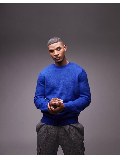 Topman brushed knitted crew neck sweater in blue
