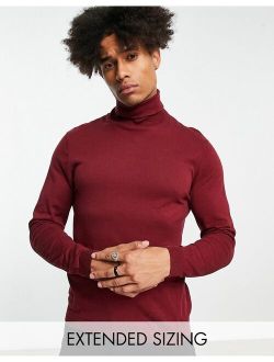 knitted cotton roll neck sweater in burgundy