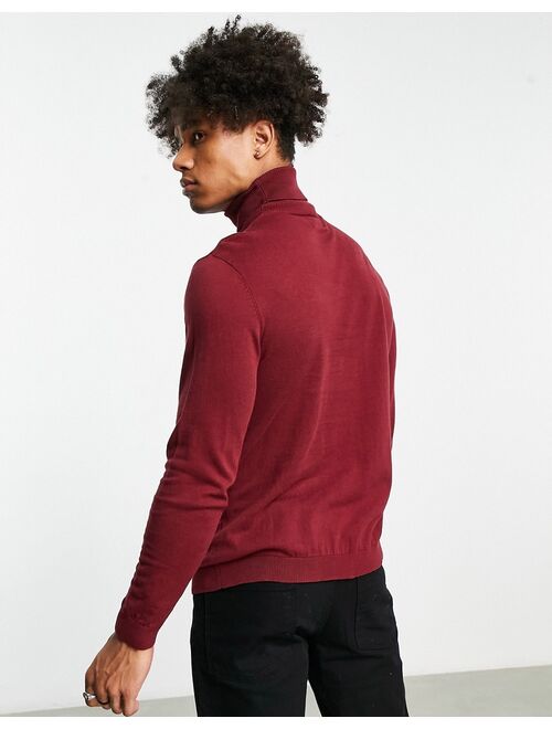 ASOS DESIGN knitted cotton roll neck sweater in burgundy