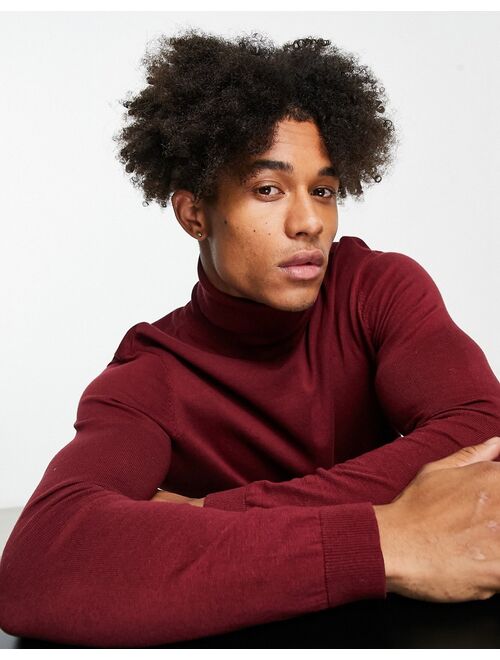 ASOS DESIGN knitted cotton roll neck sweater in burgundy