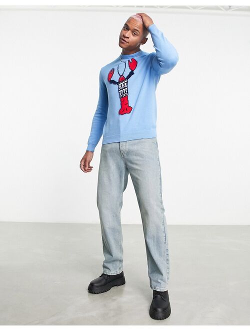 ASOS DESIGN knitted christmas sweater with festive lobster in blue