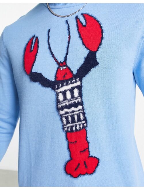 ASOS DESIGN knitted christmas sweater with festive lobster in blue