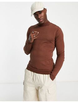knitted muscle fit turtle neck sweater in brown