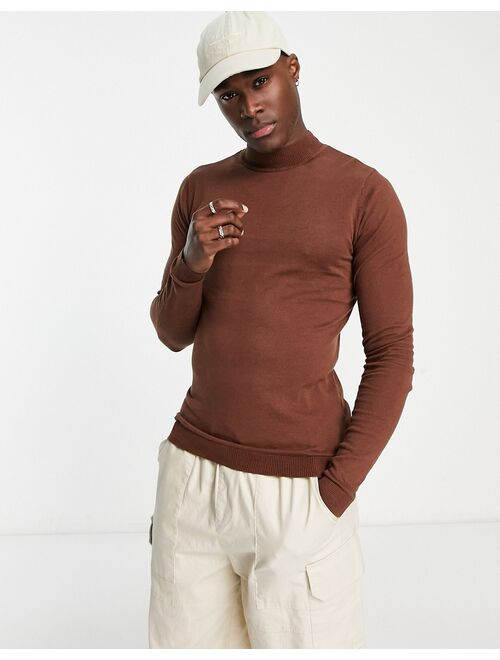 ASOS DESIGN knitted muscle fit turtle neck sweater in brown