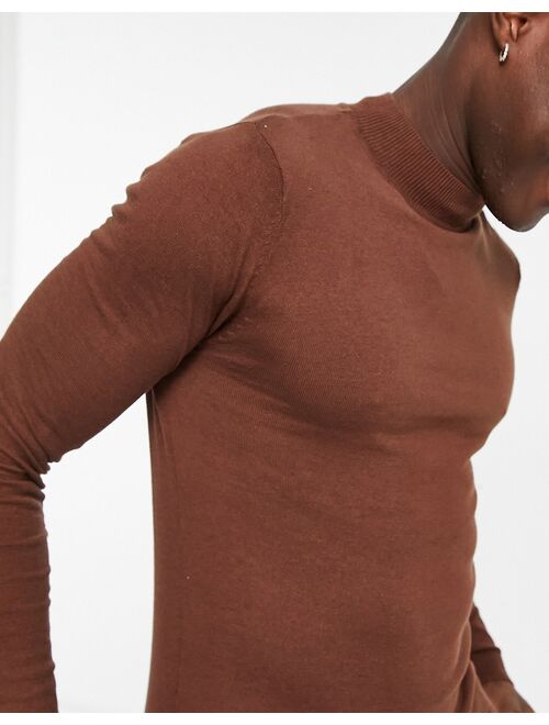 ASOS DESIGN knitted muscle fit turtle neck sweater in brown