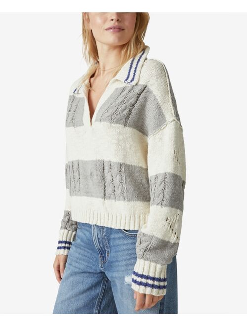 LUCKY BRAND Women's Striped Cable-Stitch Collared Sweater
