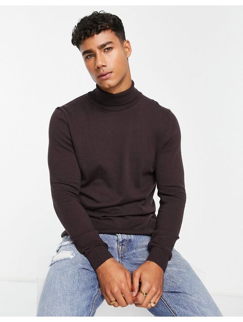 New Look slim fit knit turtle neck sweater in dark brown