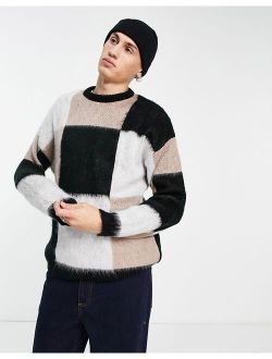 fluffy knit checkerboard sweater in black white and beige