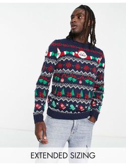 knit Christmas sweater with santa fairisle in blue