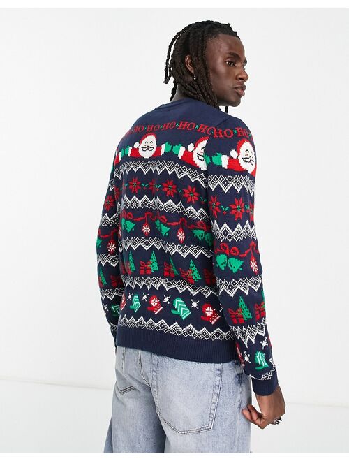 ASOS DESIGN knit Christmas sweater with santa fairisle in blue