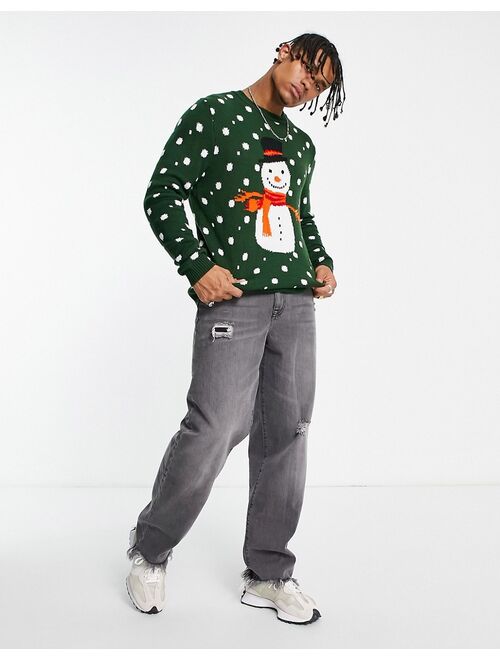 ASOS DESIGN knitted christmas sweater with snowman design in green