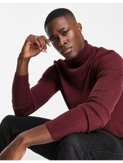 muscle fit roll neck sweater in burgundy