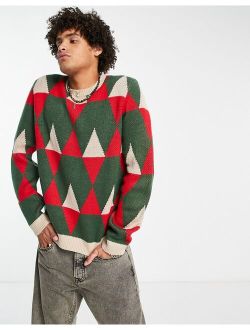 knit geo print sweater in jewel tones