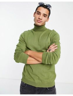 knitted cotton roll neck sweater in khaki