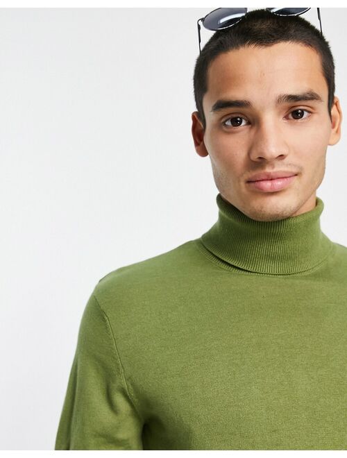 ASOS DESIGN knitted cotton roll neck sweater in khaki