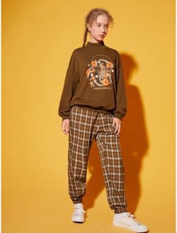 Teen Girls Floral & Slogan Graphic Pullover And Tartan Pants Set