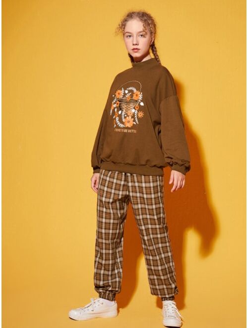 SHEIN Teen Girls Floral & Slogan Graphic Pullover And Tartan Pants Set
