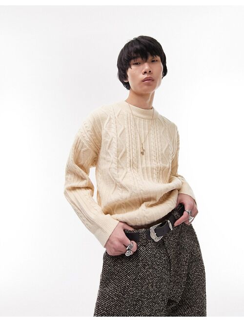 Topman heavyweight cable knit sweater in ecru