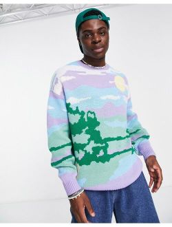 knitted sweater with landscape jacquard