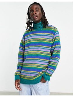 brushed knit stripe turtle neck sweater in blue