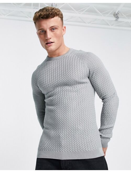 ASOS DESIGN muscle fit textured knit sweater in gray