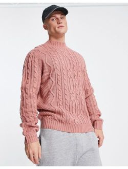 heavyweight cable knit turtle neck sweater in light pink