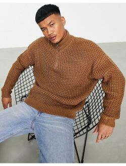 oversized waffle knit half zip sweater in tan